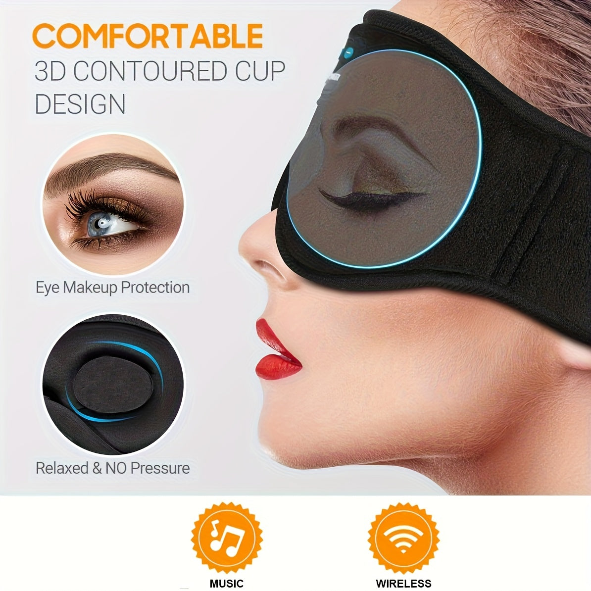 1pc Wireless Sleep Mask with 5.2 BT Headphones, Best Music Sleep Mask, 3D Sleeping Mask for Women & Men